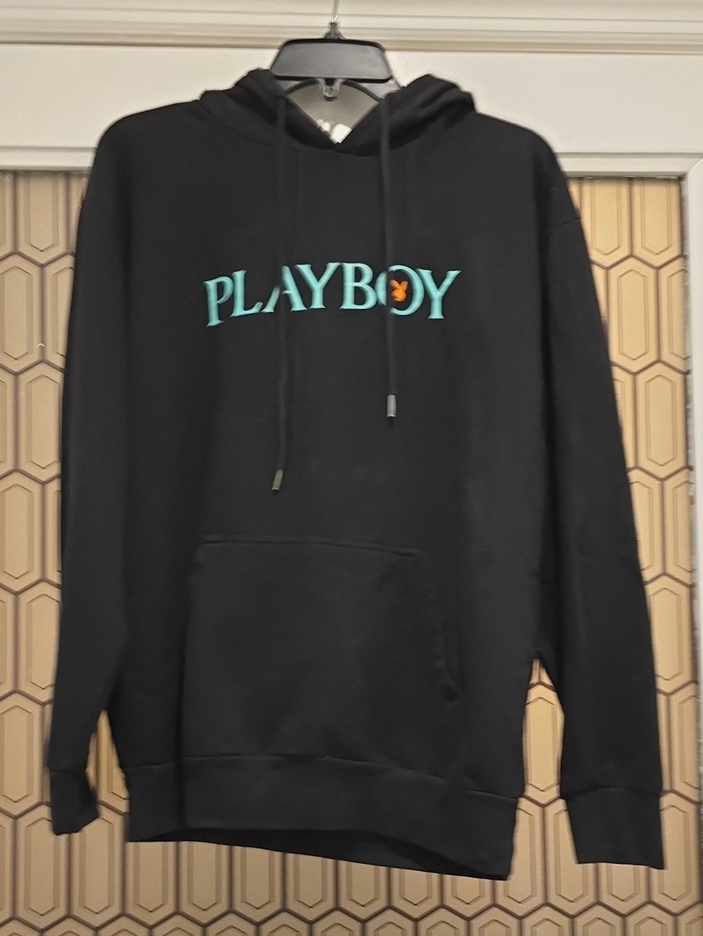 PLAYBOY Black Hoodie with Teal Logo and Orange Accent